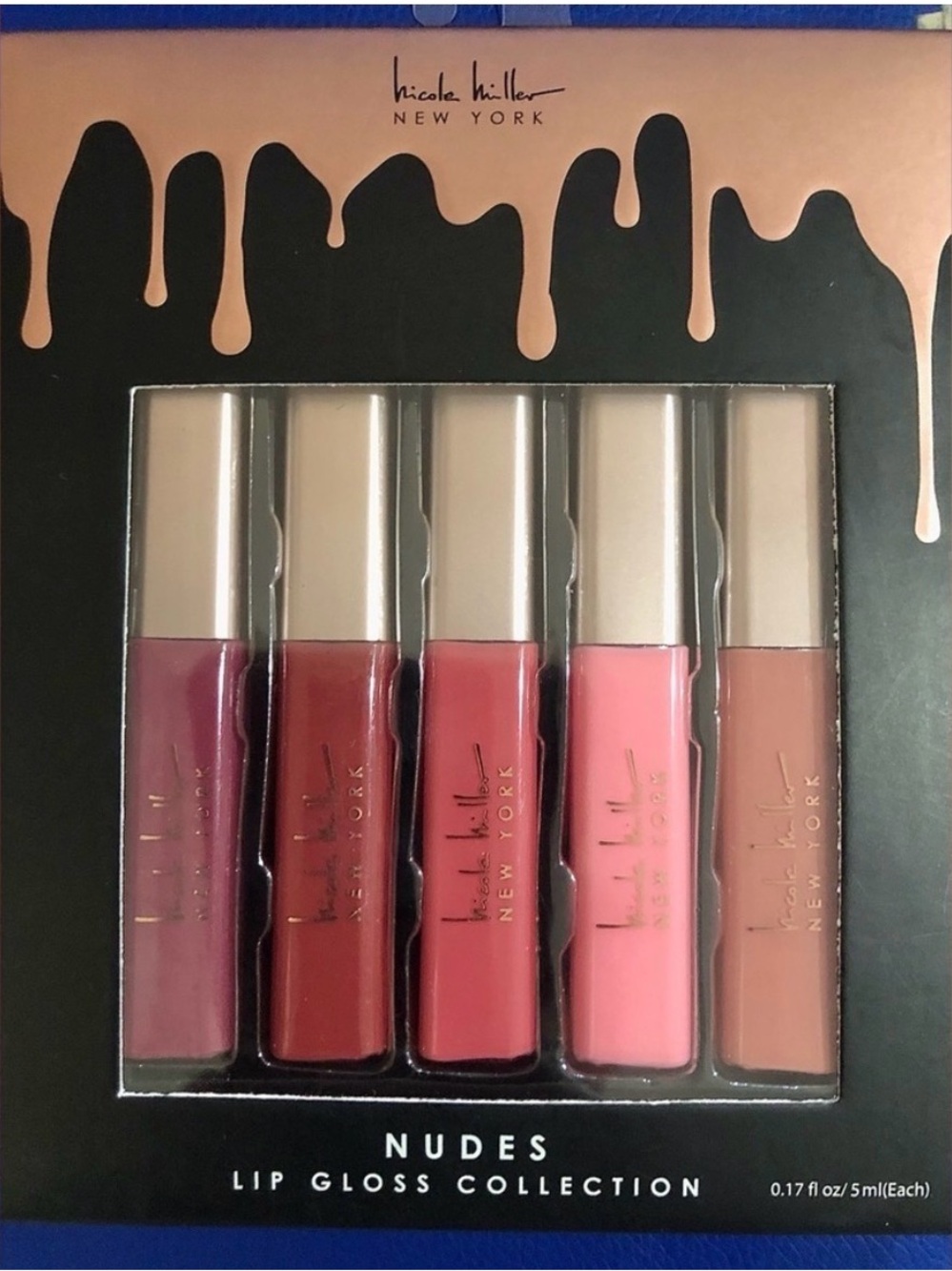 Nicole Miller Nudes Lip Gloss Set - Plum, Brick Red, Rose, Bubblegum Pink, Nude